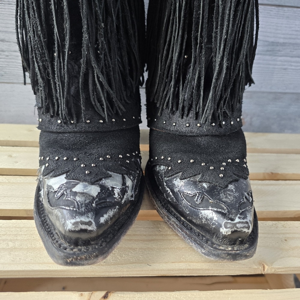 Dan Post Mid Calf Suede Leather Fringe Western Black Boots Size 6 - Picture 6 of 16